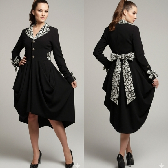 Vintage Jackets & Blazers - Vintage Black High Low Victorian Goth Floral Jacket Dress Small
